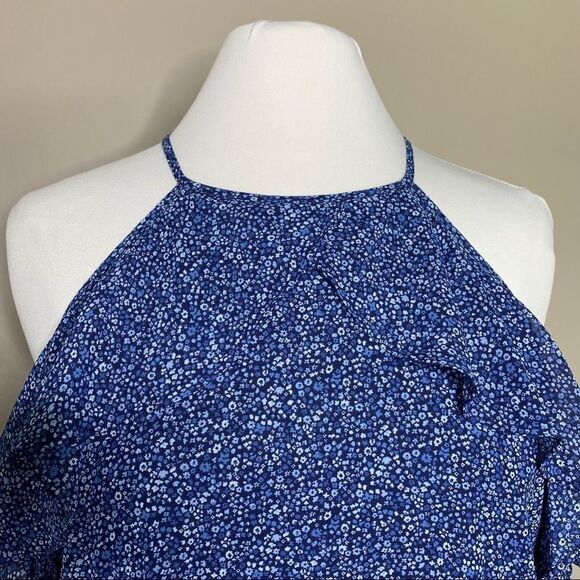 MICHAEL KORS Blue Floral Print Ruffle Trim Cold Shoulder Poly Chiffon Dress - Picture 7 of 12
